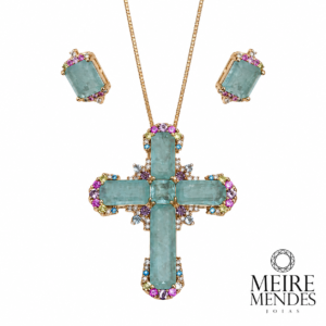 Conjunto Crucifixo Fusion Turmalina Água Marinha