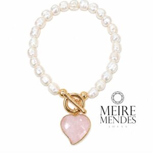 Pulseira Pérola Barroca Natural Coração Quartzo Rosa