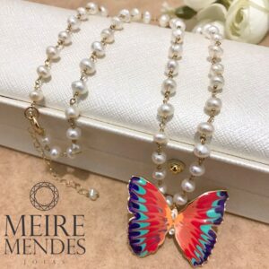 Colar Pérolas 5 mm Borboleta Esmaltada