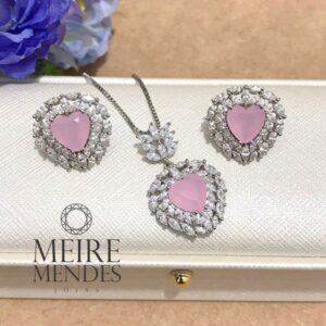 Conjunto Coração Quartzo Rosa