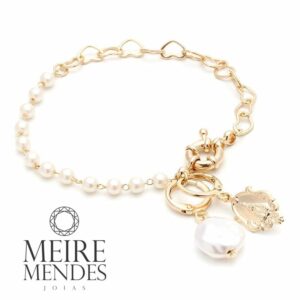 Pulseira Pérolas Corações Nossa Senhora Aparecida