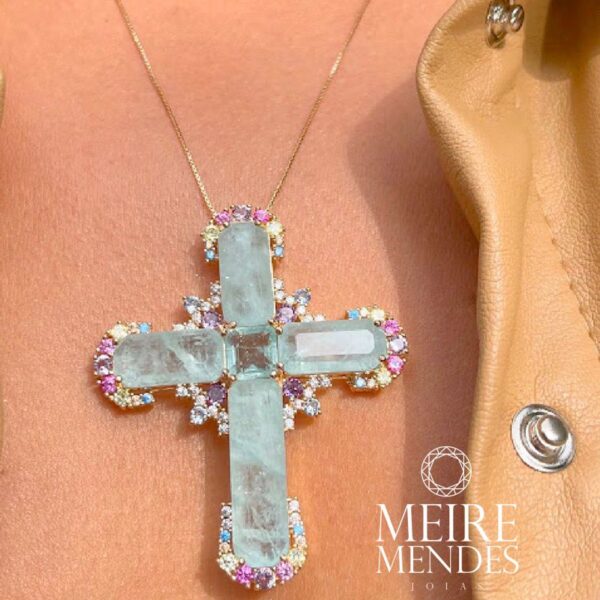 Conjunto Crucifixo Fusion Turmalina Água Marinha - Imagem 2