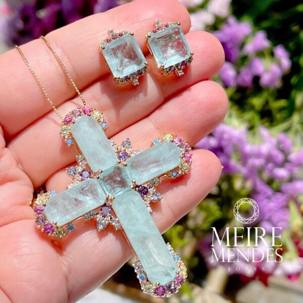Conjunto Crucifixo Fusion Turmalina Água Marinha - Imagem 3