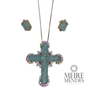 Conjunto Crucifixo Fusion Turmalina Água Marinha