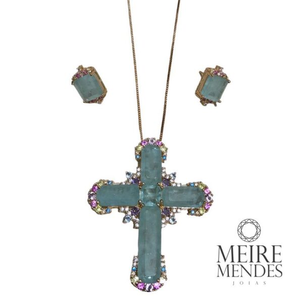 Conjunto Crucifixo Fusion Turmalina Água Marinha