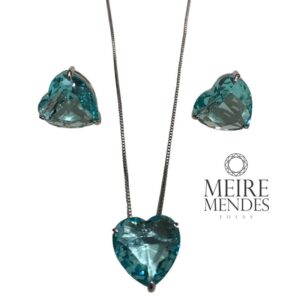Conjunto Coração Zircônia Água Marinha